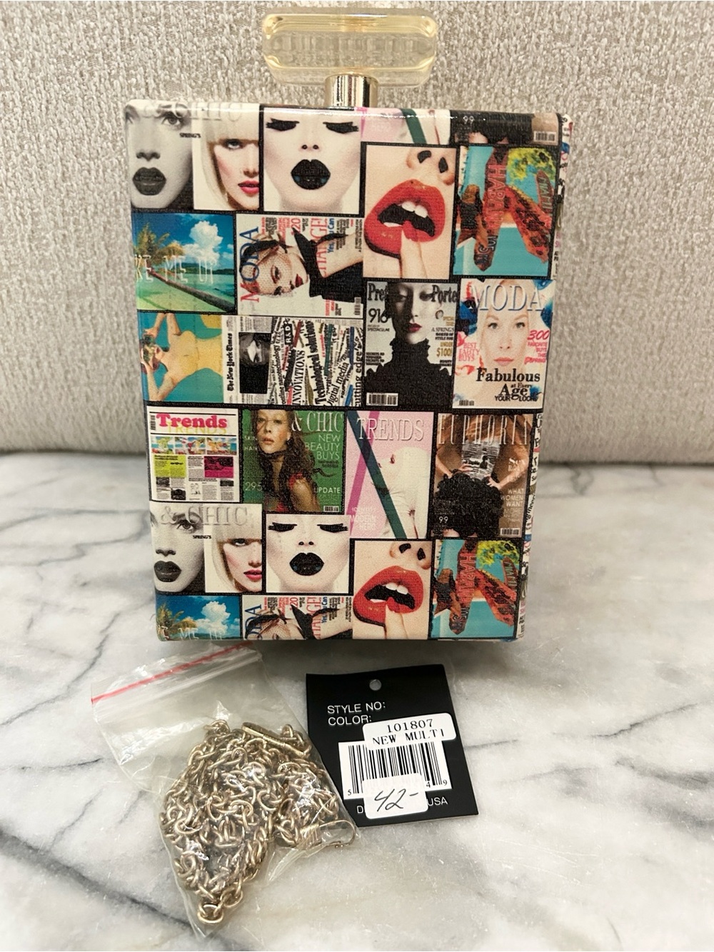 NWT Multicolor Graphic Magazine Pattern Women's Clutch with Gold Chain